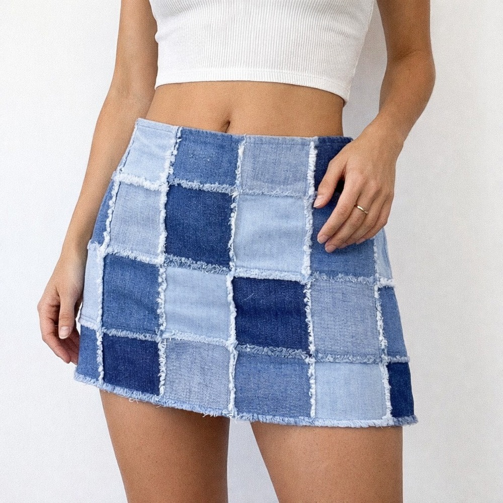 Vanessa Mooney Jean Skirt L Patchwork Large Denim Frayed Hippie Women's Y2K Blue